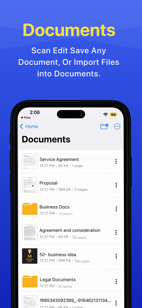 Photo Vault & App Lock Safedoc - Interfaz de la aplicación SafeDoc que muestra carpetas privadas organizadas y documentos escaneados como acuerdos de servicio y archivos legales