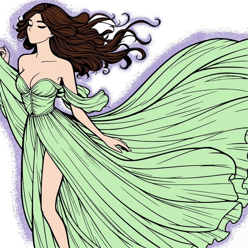 realistic woman in dress flowing the the wind