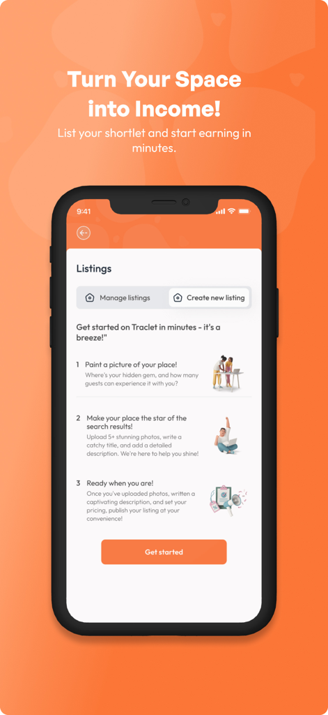 Traclet - Traclet app interface showing three simple steps to list a property for rent