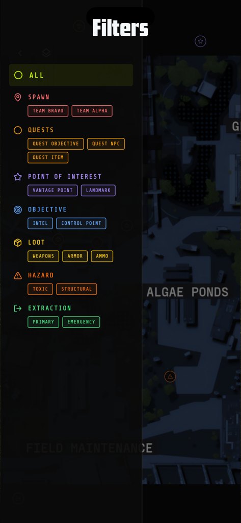 Un menu di filtri dettagliato per la mappa interattiva di Runner Marathon che consente agli utenti di attivare/disattivare i punti di spawn, le missioni, il bottino e le posizioni di estrazione.
