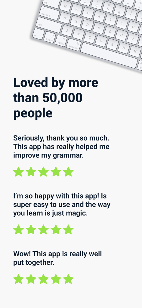 Grammar Fix - 文法修正アプリの良いユーザーレビューと5つ星評価が表示されている画面