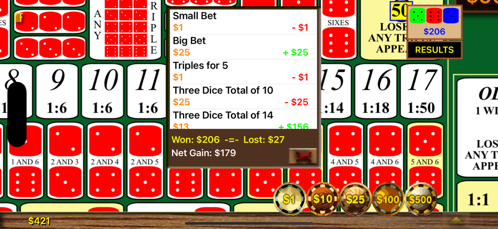 Capture d'écran du jeu mobile Sic Bo Hi-Lo montrant un tableau de paris détaillé avec un résumé des résultats et des jetons de casino.