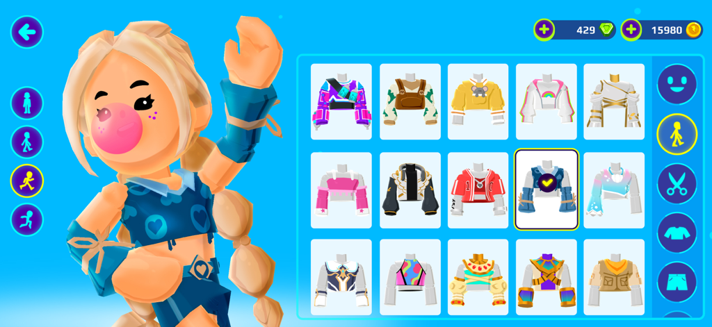 PK XDのキャラクターカスタマイズ画面。女性アバターとカラフルな衣装の選択肢が表示されている