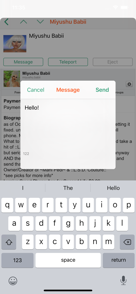 SL Notifierモバイルアプリ内でSecond Lifeの連絡先にメッセージを作成中