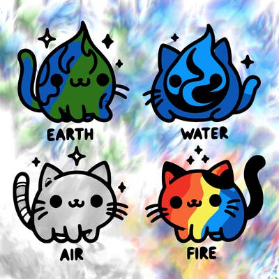 4 cats that represent the different elements, earth, water, air, and fire
