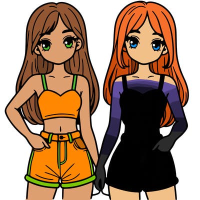 two sisters with crop tops and jean shorts and straight hair