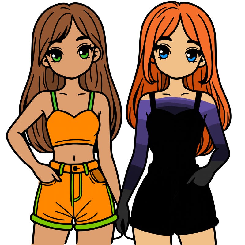 two sisters with crop tops and jean shorts and straight hair