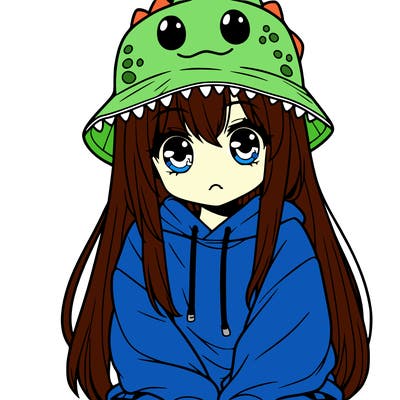 girl with anime shaped eyes with a dinosaur bucket hat oversized sweatshirt long straight hair