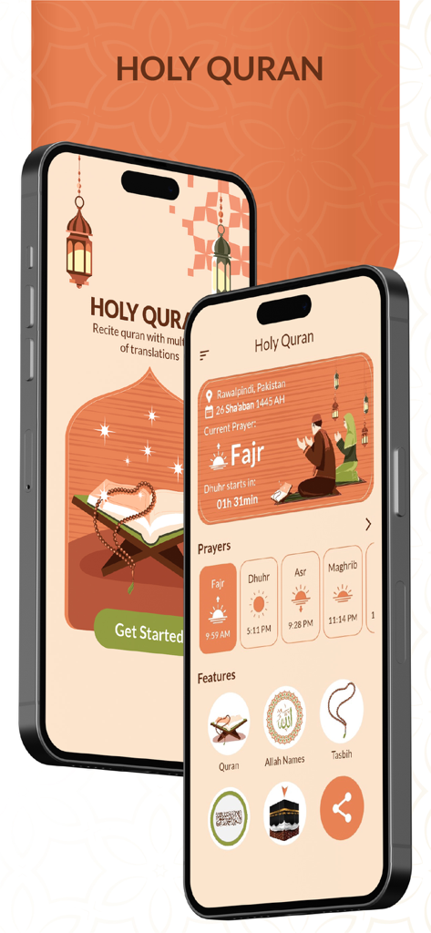 Al Quran MP3 القرآن الكريم - Dashboard of the Al Quran MP3 app showing prayer times and Islamic study tools on an iPhone