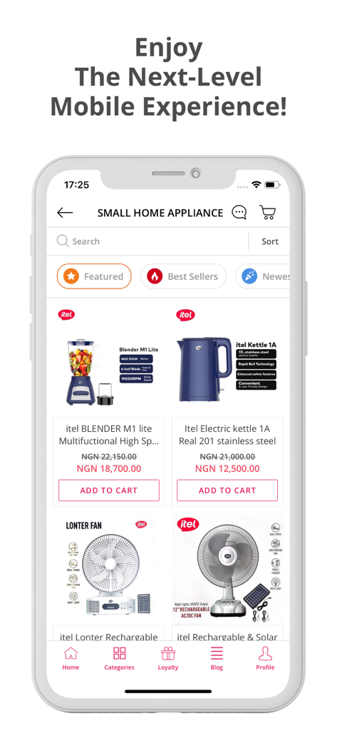 itel home shopアプリの小型家電製品のモバイルショッピング画面