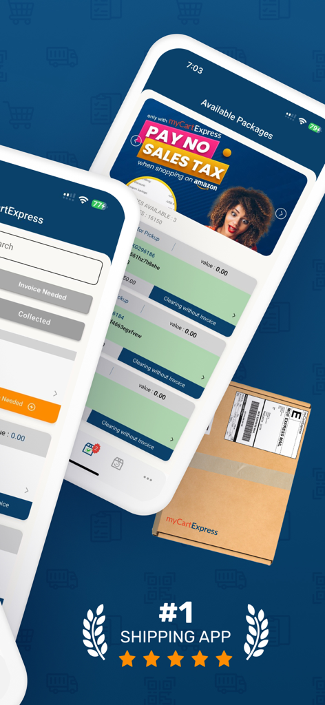 Mycart Express - Mycart Express mobile App-Oberfläche, die verfügbare Pakete und steuerfreie Einkaufsaktionen für den Versand nach Jamaika anzeigt.
