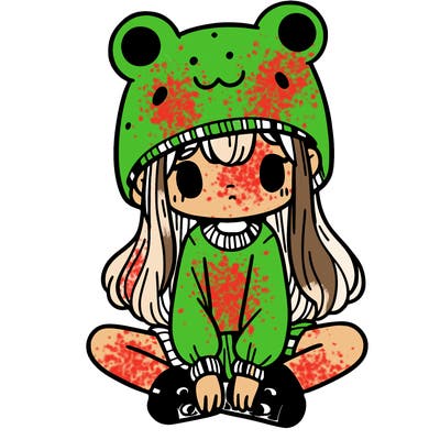 a girl wearing a frog hat and some frog socks