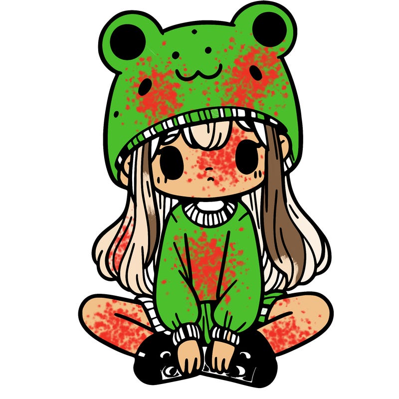 a girl wearing a frog hat and some frog socks