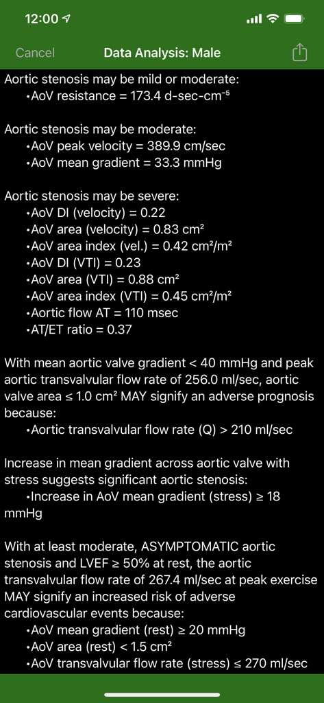 EchoLabアプリ画面、大動脈弁狭窄の重症度に関する詳細なデータ分析と分類を表示