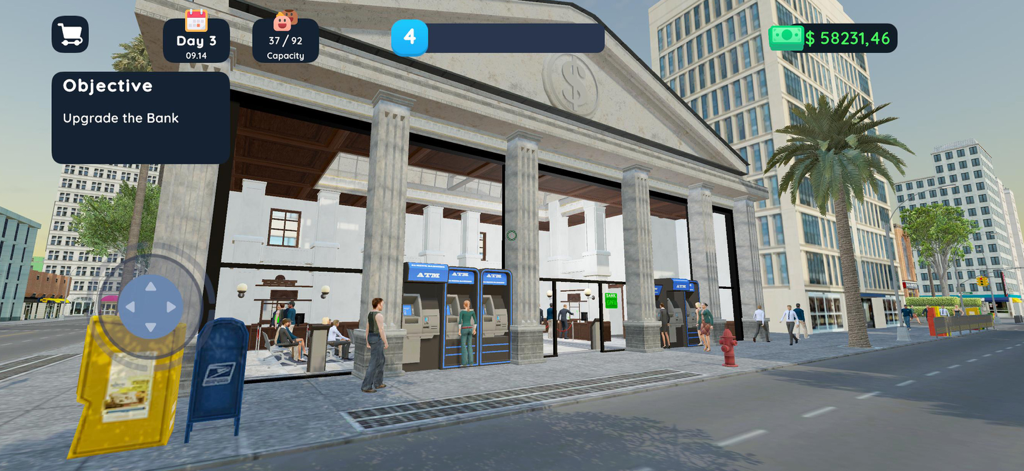 Vista exterior de um prédio de banco com caixas eletrônicos e clientes em um ambiente urbano 3D