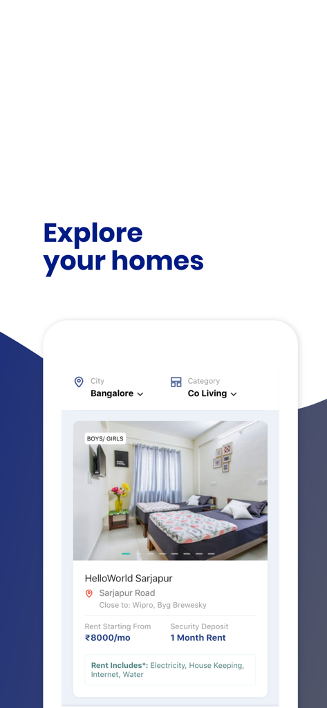 Hello World Homes - Hello World Homes app interface displaying a co-living property listing in Bangalore with monthly rent and amenities
