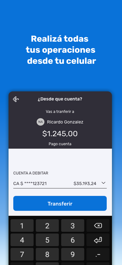 APP Banco Santa Cruz - Interfaz de la aplicación de banca móvil que muestra una transacción de transferencia de dinero a un destinatario