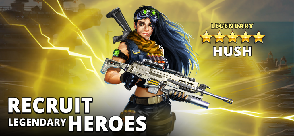 Puzzle Combat: RPG Match 3 - Captura de pantalla del juego Puzzle Combat con un héroe legendario de cinco estrellas llamado Hush y el texto "Recruit Legendary Heroes"
