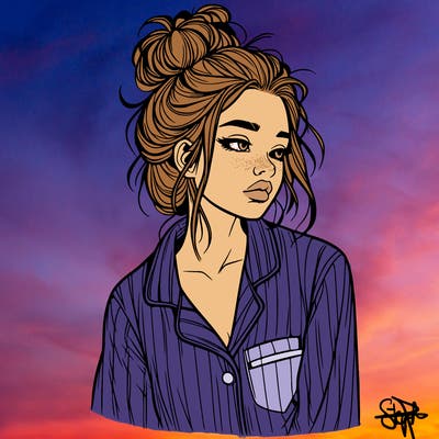 realistic woman with pajamas on and a messy bun