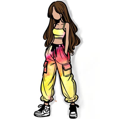 girl in baggy pants crop top and long hair