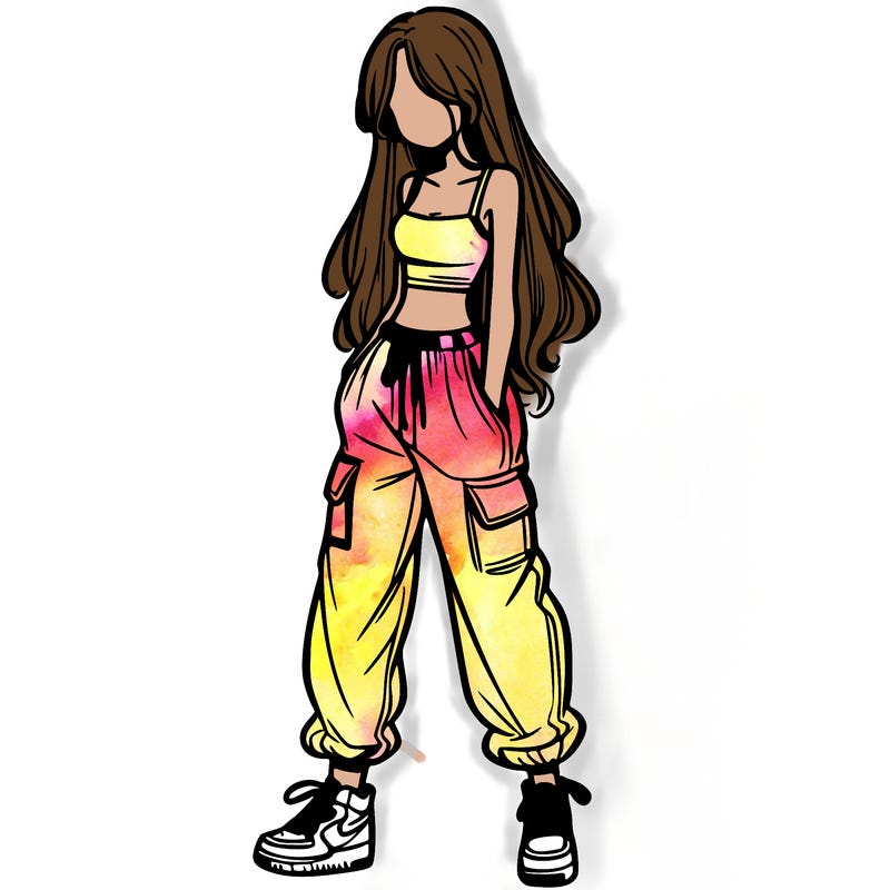 girl in baggy pants crop top and long hair