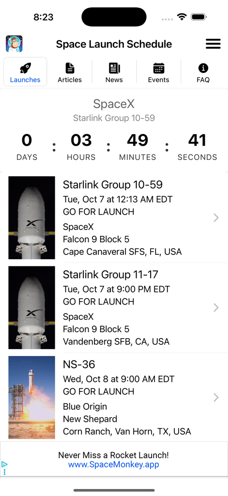 Space Launch Schedule - SpaceX Starlink飛行のカウントダウンタイマーが表示された、今後の宇宙打ち上げミッションリスト。