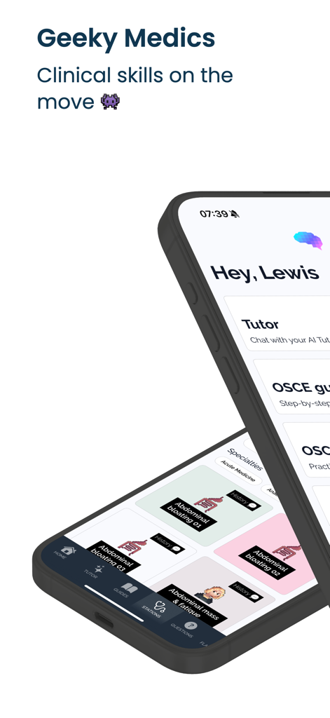 Geeky Medics app interface showing AI tutor and clinical examination guides