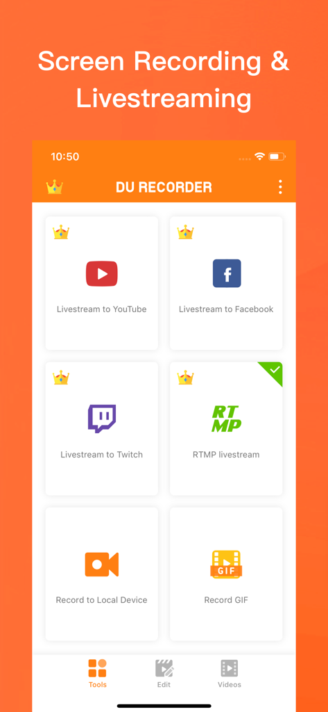 DU Recorder app interface showing livestreaming options for YouTube Facebook and Twitch