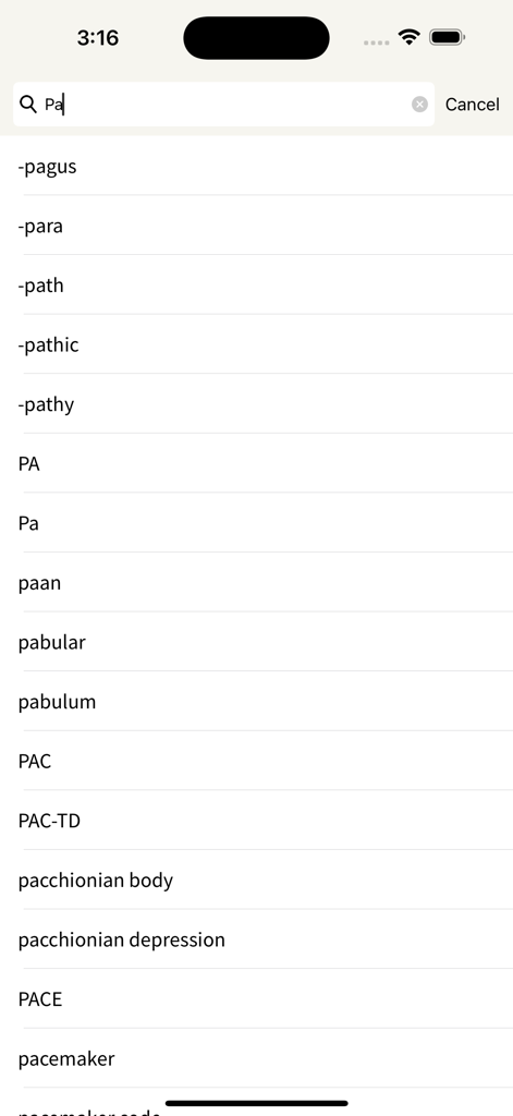Medical Dictionary 25th Ed. - Interfaz de búsqueda de la aplicación Diccionario Médico Taber's mostrando una lista de términos médicos que comienzan con Pa.