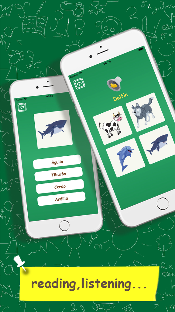 Learn Spanish For Children - Educational smartphone screens for learning Spanish vocabulary with animal images and word quizzes.