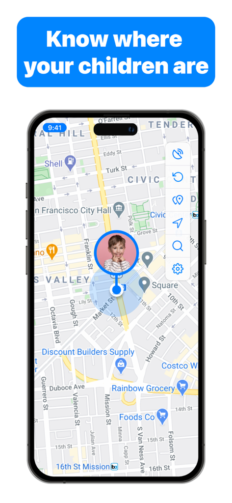 iTrack 앱에서 지도상의 자녀 실시간 위치 핀을 표시하는 모바일 폰