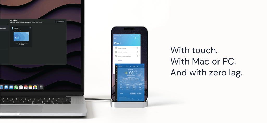 Duet Display - Um laptop conectado a um iPhone usando o Duet Display para criar um monitor secundário sensível ao toque com zero atraso