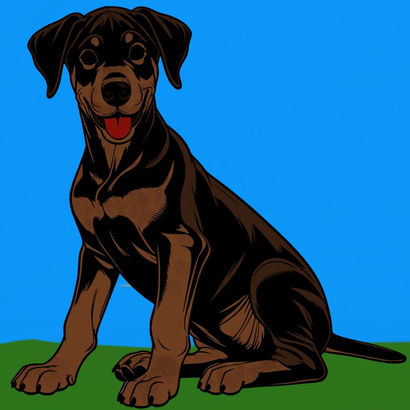 a realistic doberman pinsher puppy sitting down and smiling