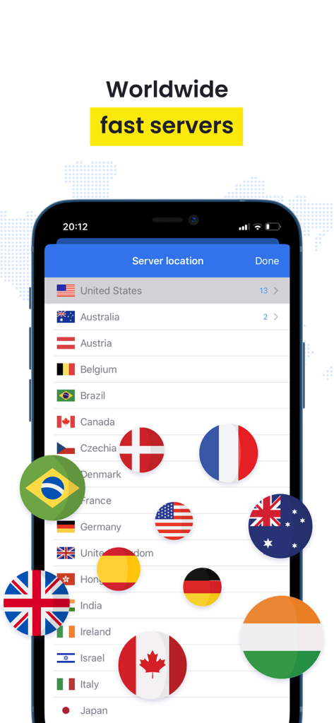 Star VPN - Super Fast Proxy - A smartphone displaying a list of worldwide fast server locations in the Star VPN app