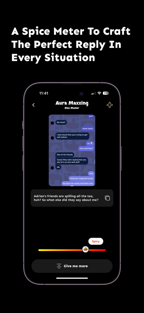 Aura Maxxing Rizz Master feature with a spice meter for generating flirty AI chat replies