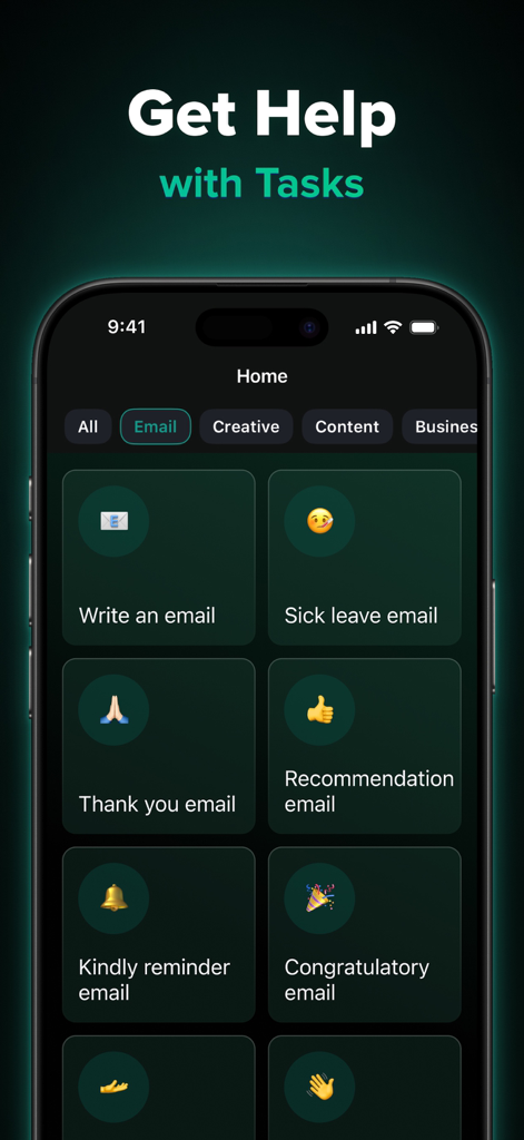 ChatPod - AI Chatbot Assistant - Screenshot of ChatPod app displaying various AI email writing templates for productivity tasks