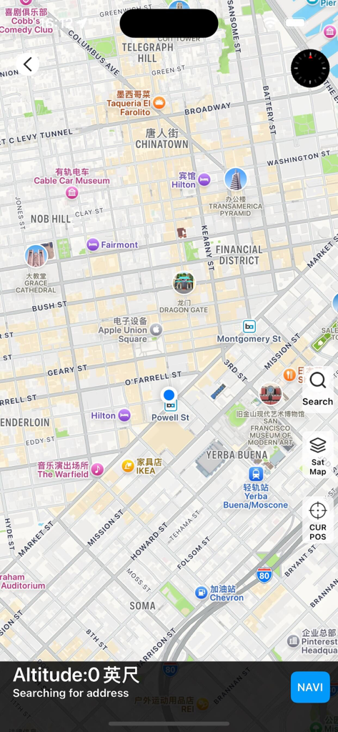 Altimeter Pro - Altitude & Map - Map interface of Altimeter Pro showing city streets and real time altitude data.