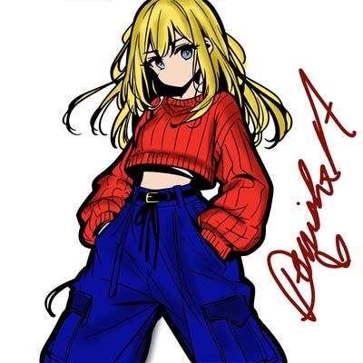 anime teen girl with baggy pants and crop top with sweater