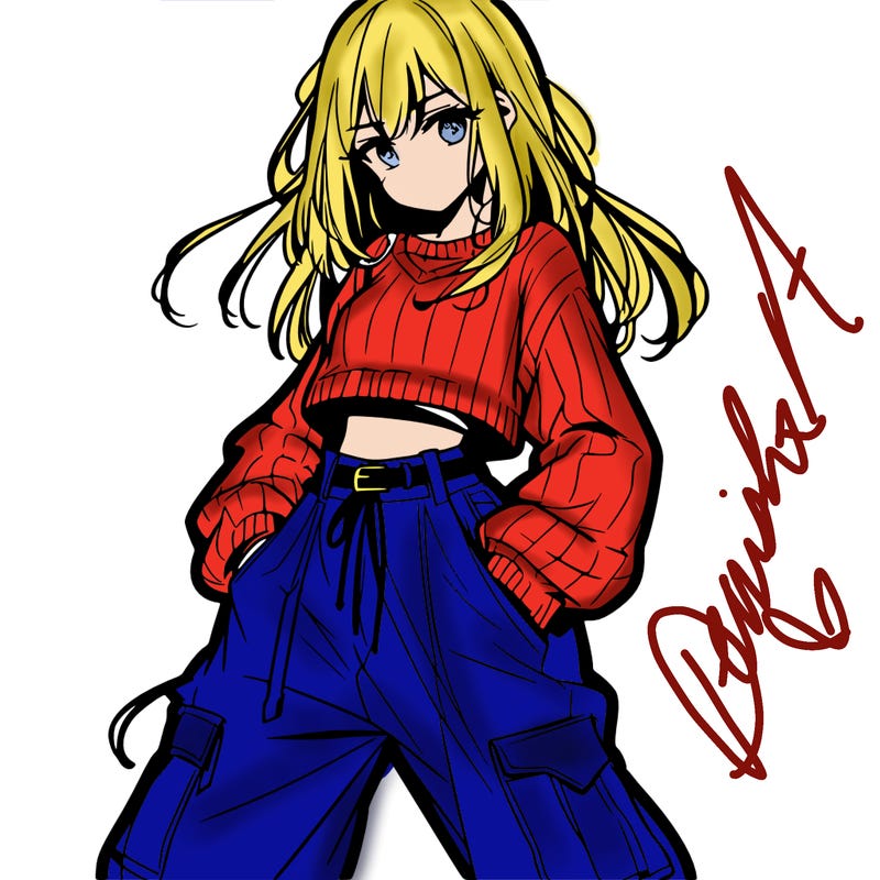 anime teen girl with baggy pants and crop top with sweater