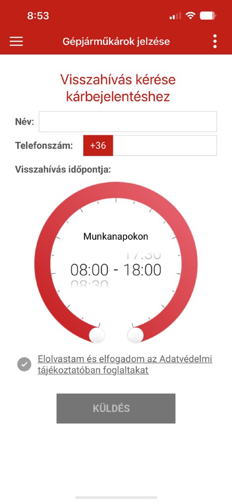 Generali Ügyfélpont - 時間選択機能付きの車両保険金請求に関するコールバックリクエストのためのGeneraliアプリの画面。