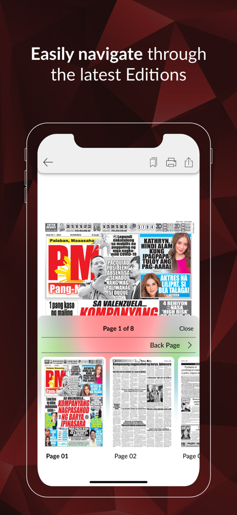 Pang Masa - Pang Masa app interface featuring a digital newspaper layout and page selection menu