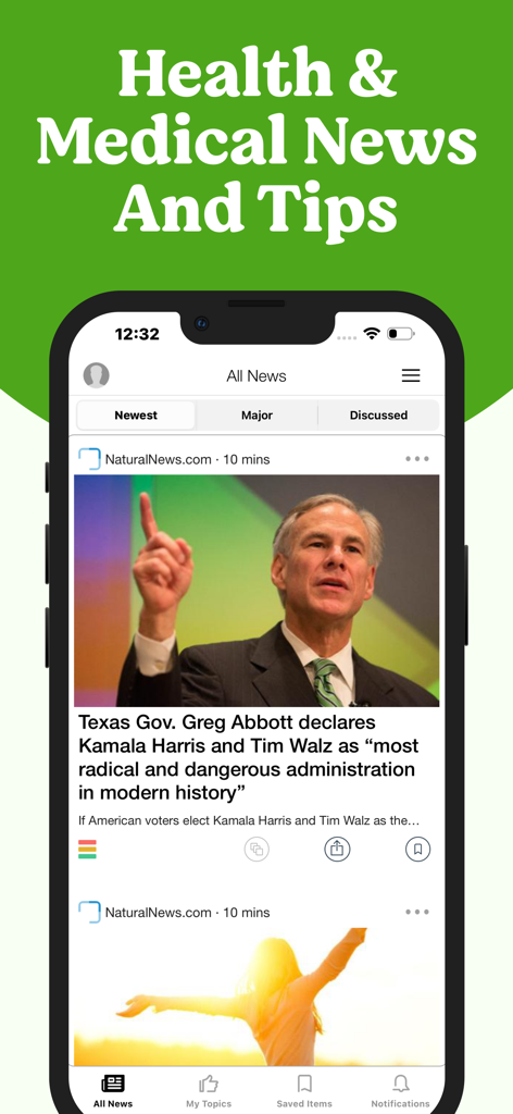 Feed principal de la aplicación Noticias y consejos sobre salud y medicina que muestra una lista de artículos seleccionados en un smartphone.
