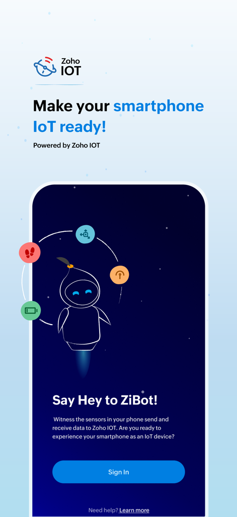ZiBot app welcome screen for smartphone IoT conversion