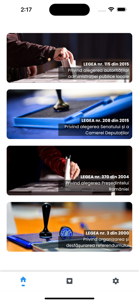 Amenzi Alegeri - Menú principal de la aplicación Multas Electorales mostrando categorías seleccionables para diferentes leyes electorales rumanas con imágenes temáticas de votación.