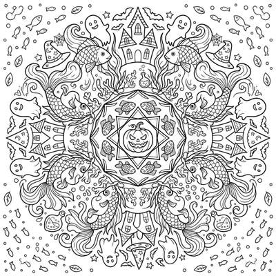 Explore a captivating blend of aquatic elegance and Halloween spookiness with this unique Fish Mandala coloring page. This intricate design invites you to bring vibrant life to a world where fish swim among pumpkins and friendly ghosts.