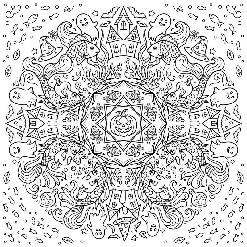 Explore a captivating blend of aquatic elegance and Halloween spookiness with this unique Fish Mandala coloring page. This intricate design invites you to bring vibrant life to a world where fish swim among pumpkins and friendly ghosts.