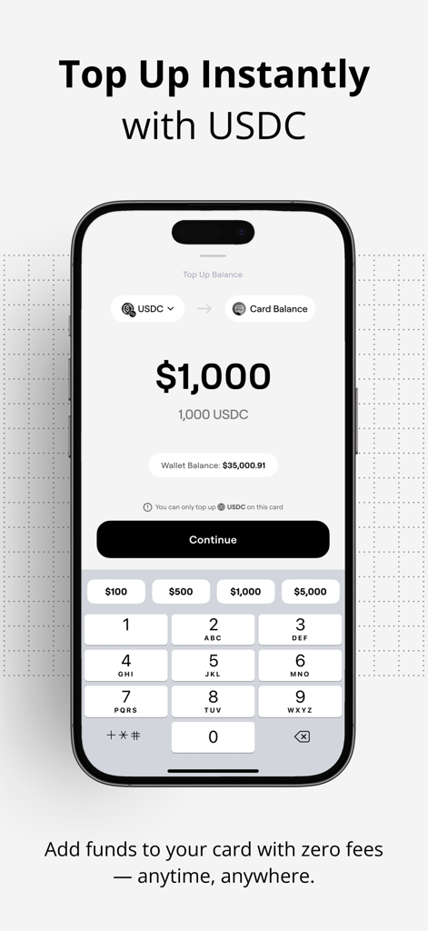 Avici: Internet finance - Smartphone screen showing the Avici app interface to top up a card balance using USDC with zero fees.