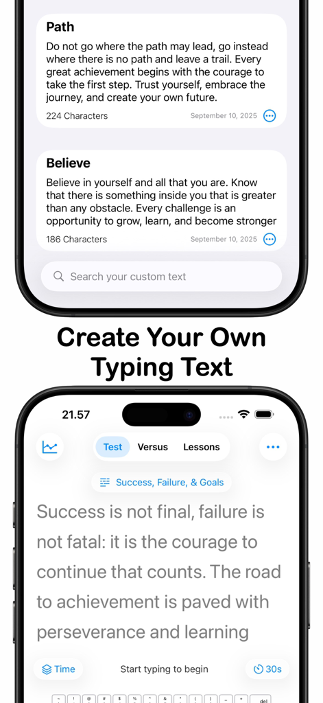 Interface of ClickClack app showing custom typing text selection and a typing test screen