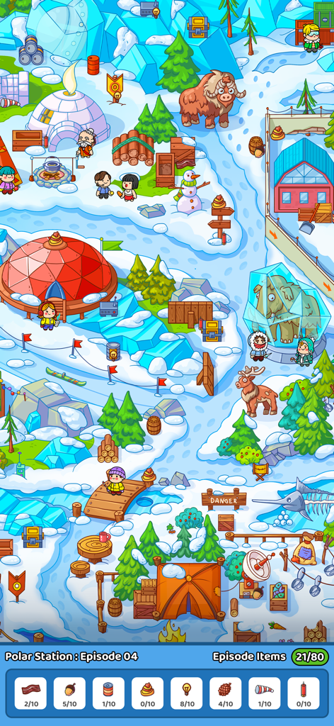 Found It! Hidden Object Game - Colorida escena de juego de objetos ocultos que presenta un nivel de estación polar nevada con personajes y elementos por encontrar.