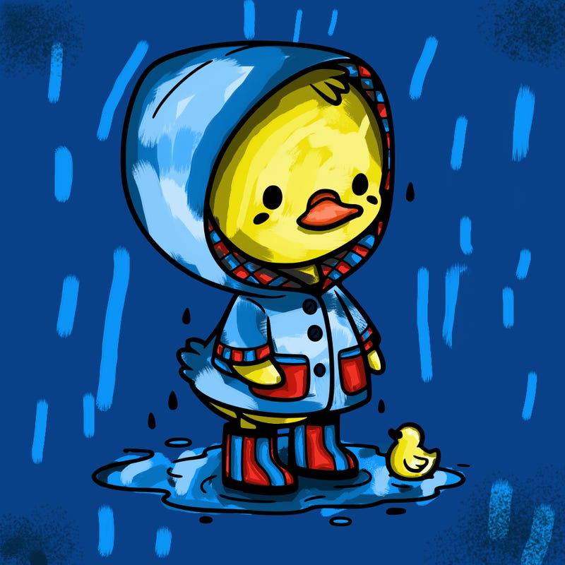 baby duck in a rain coat and boots, in a puddle while it’s raining